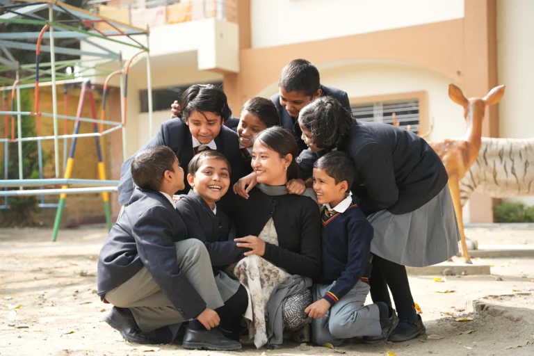 teacher surrounded by students